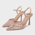 Beige Beaded Pointed Toe Heeled Sandals