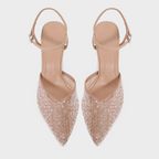 Beige Beaded Pointed Toe Heeled Sandals