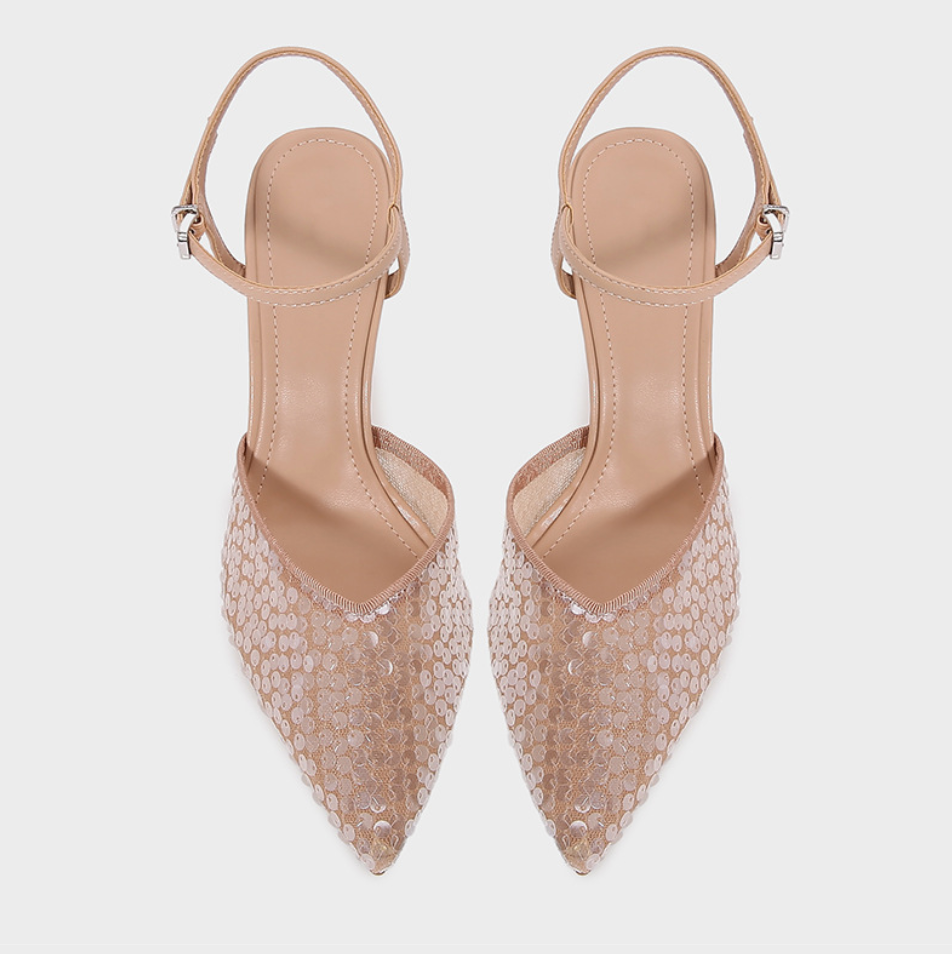 Beige Beaded Pointed Toe Heeled Sandals