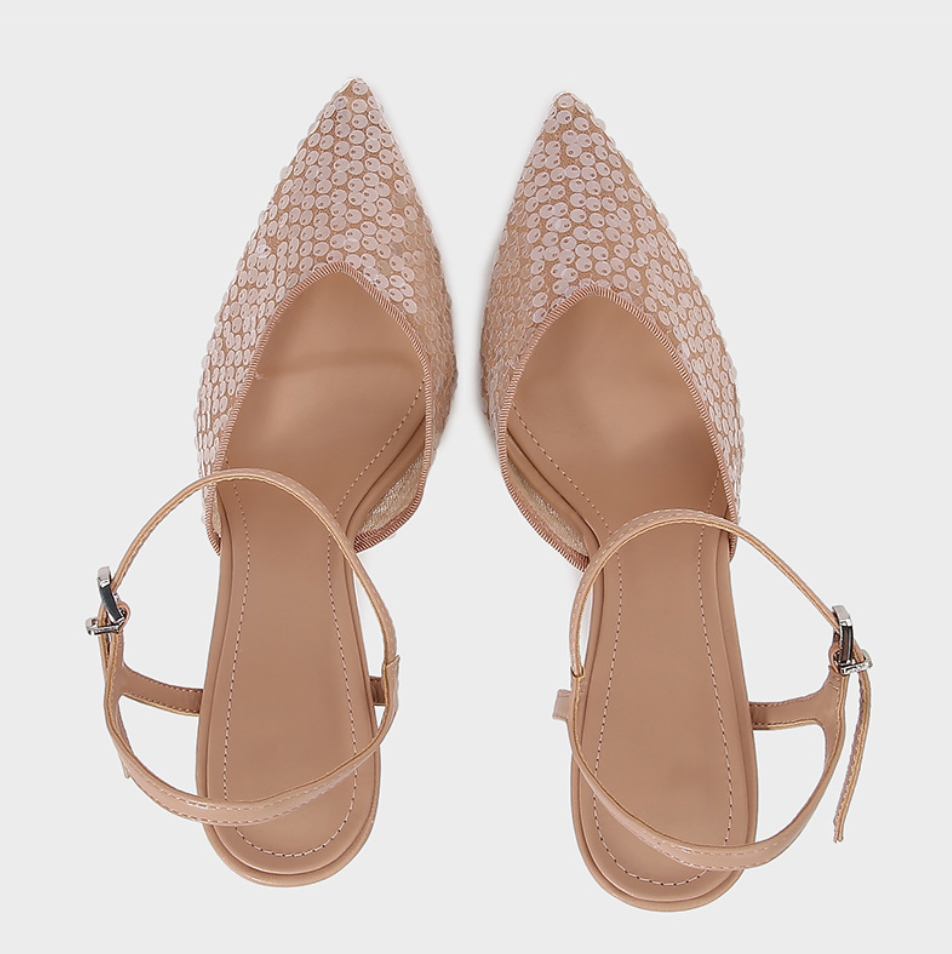 Beige Beaded Pointed Toe Heeled Sandals