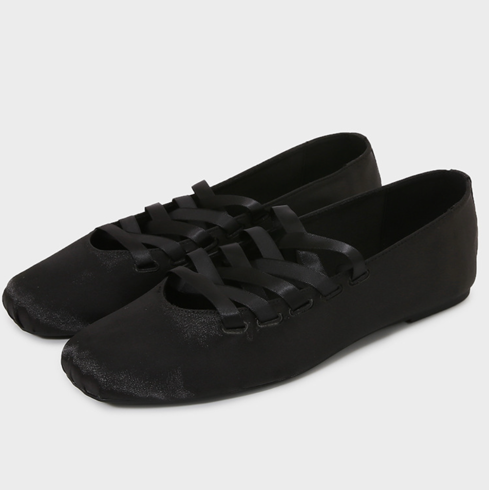 Black Lace-Up Square Toe Flats