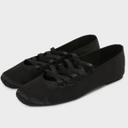 Black Lace-Up Square Toe Flats