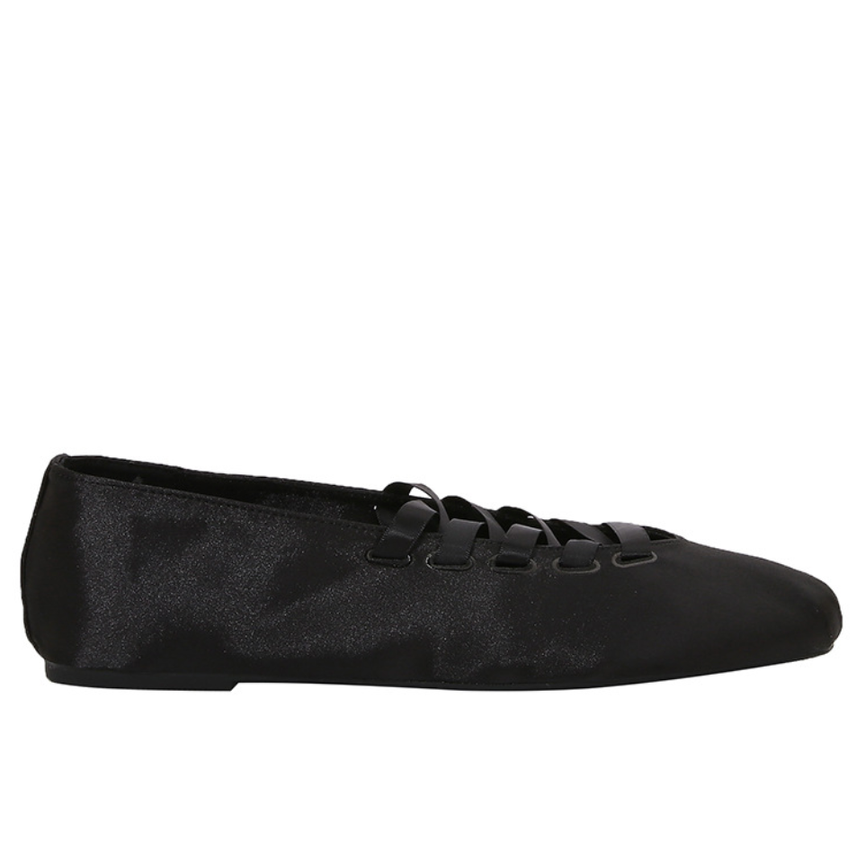 Black Lace-Up Square Toe Flats
