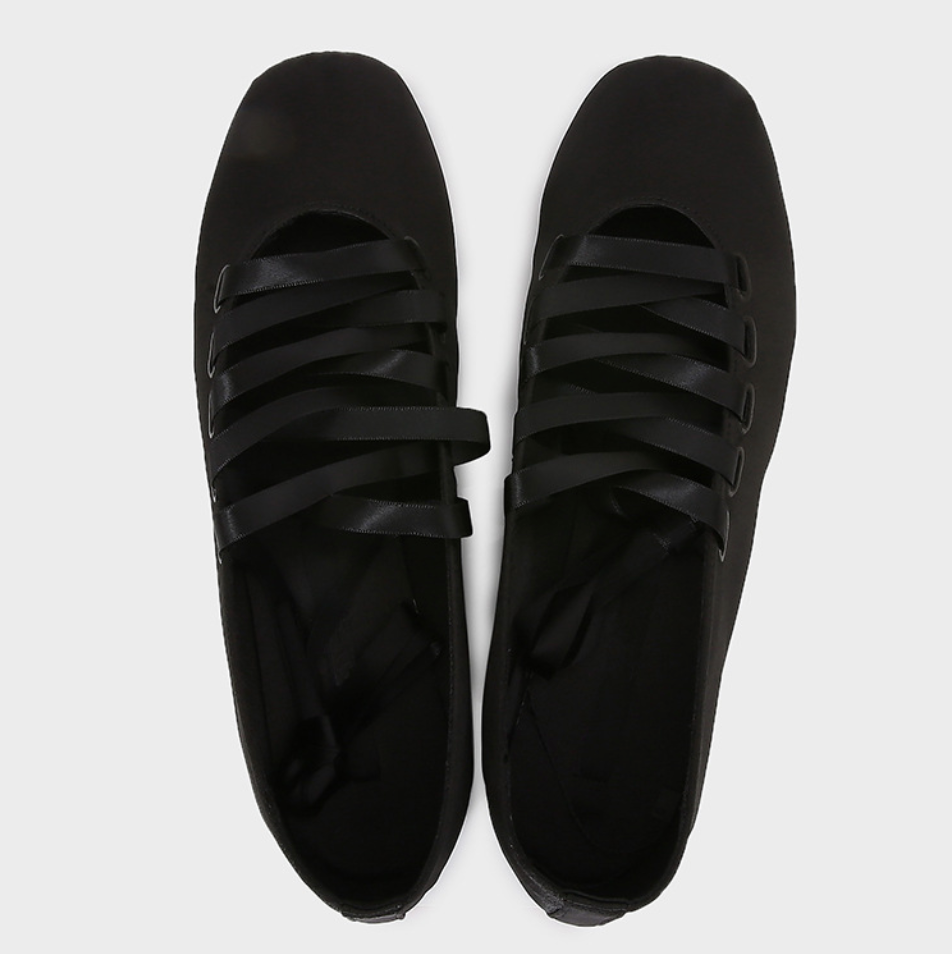 Black Lace-Up Square Toe Flats