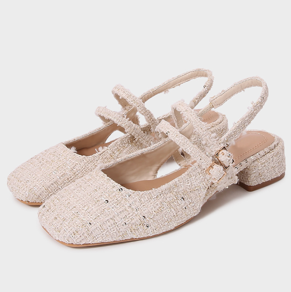 Light-beige Tweed Round-toe Sandals