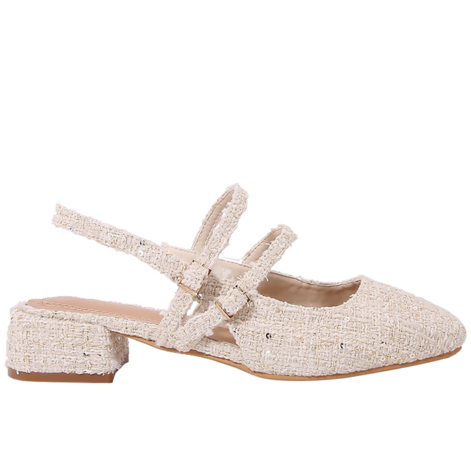 Light-beige Tweed Round-toe Sandals