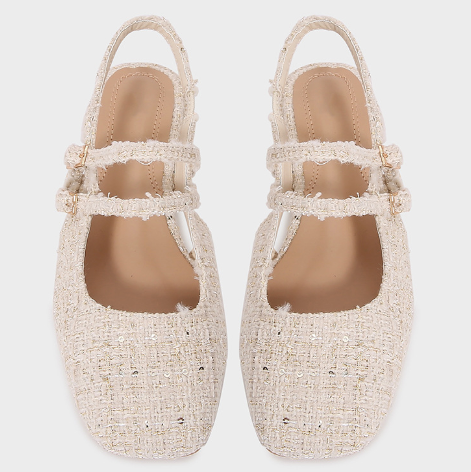Light-beige Tweed Round-toe Sandals