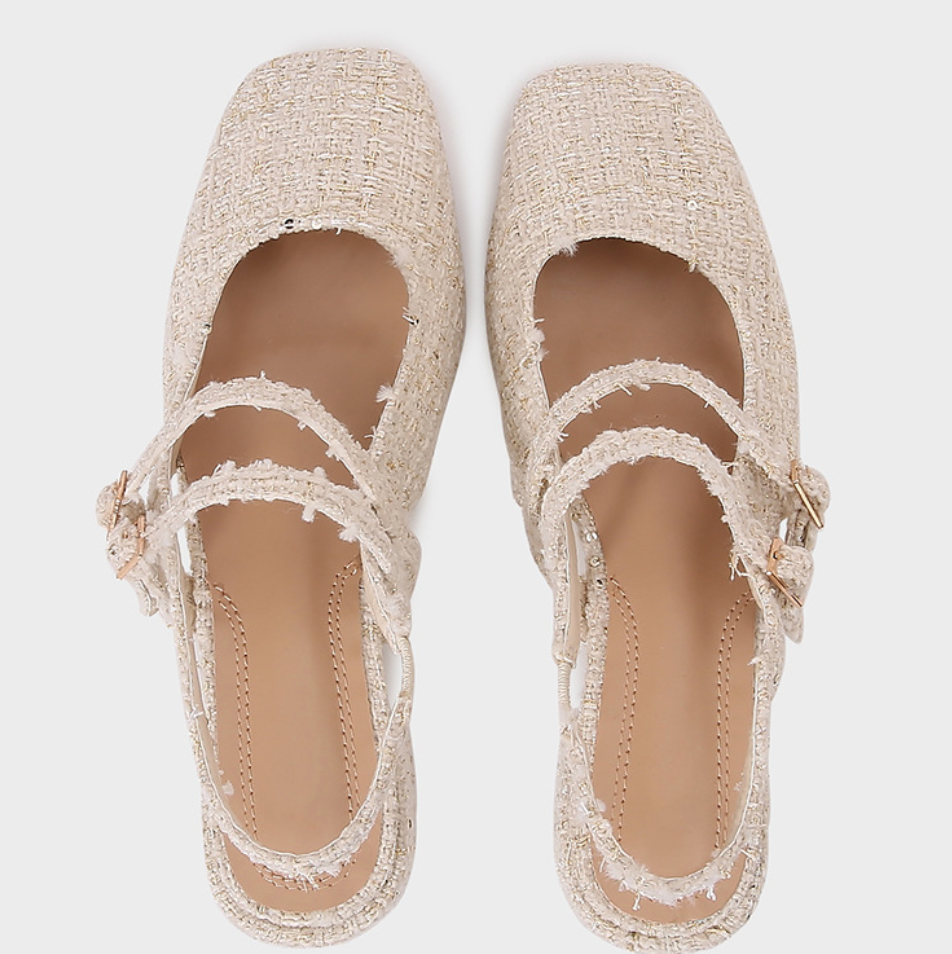 Light-beige Tweed Round-toe Sandals