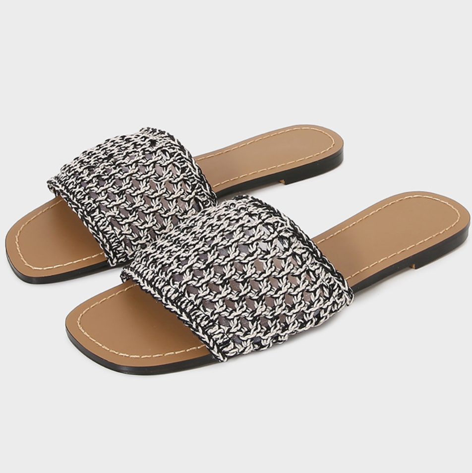 Hollowed Interwoven Fabric Flat Slippers