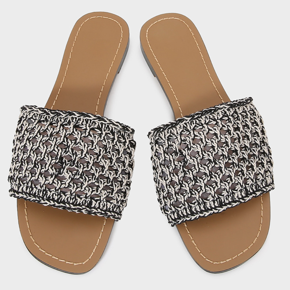 Hollowed Interwoven Fabric Flat Slippers