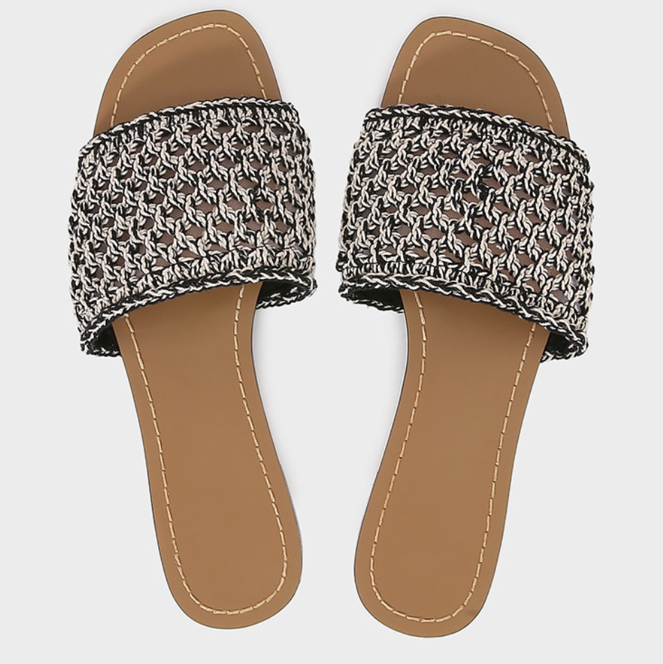 Hollowed Interwoven Fabric Flat Slippers