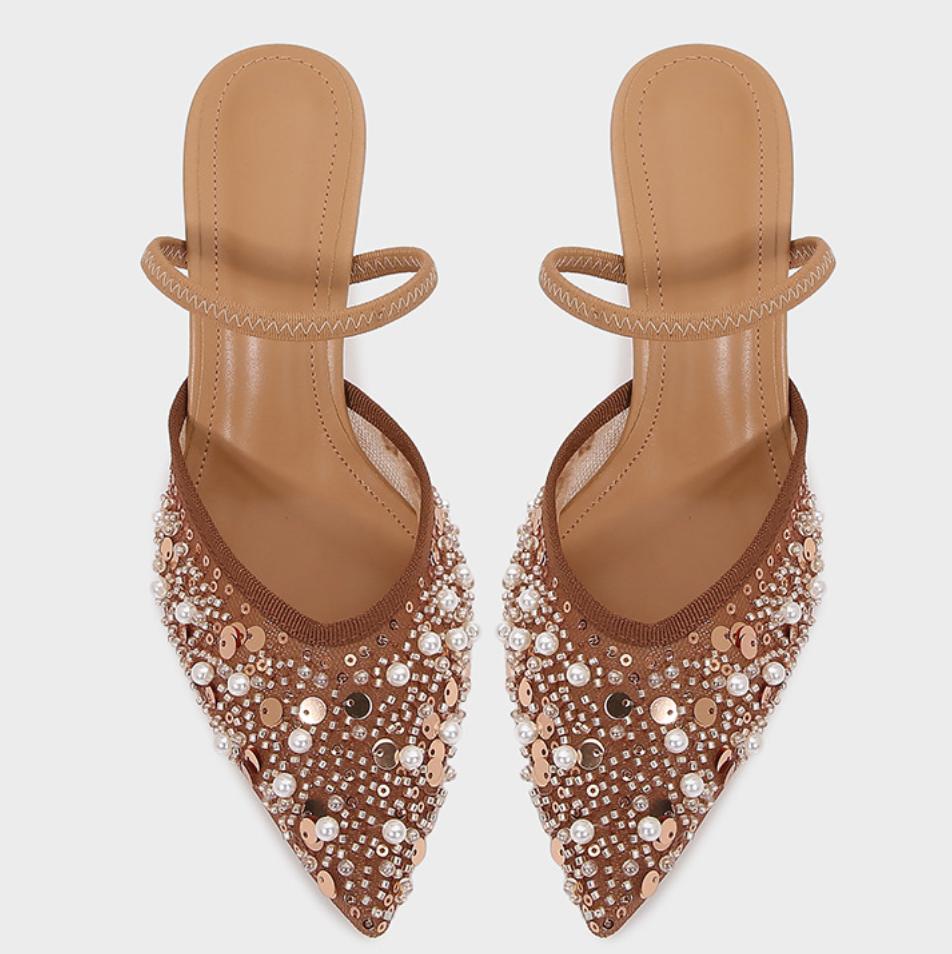 Beaded Mesh Peep-toe Heeled Sandals