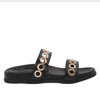 Metal Ring Embellished Black Flat Slippers