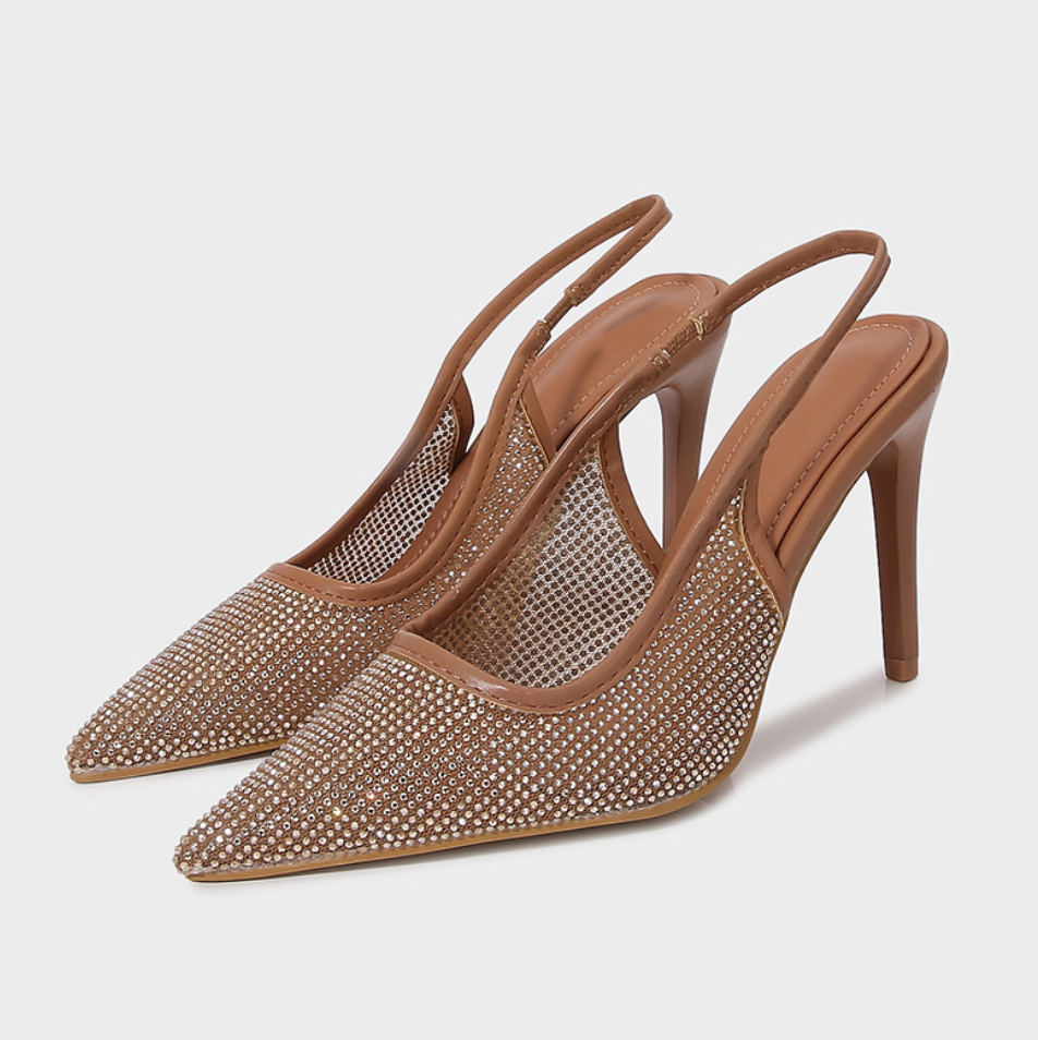 Brown Mesh Rhinestone Heeled Sandals