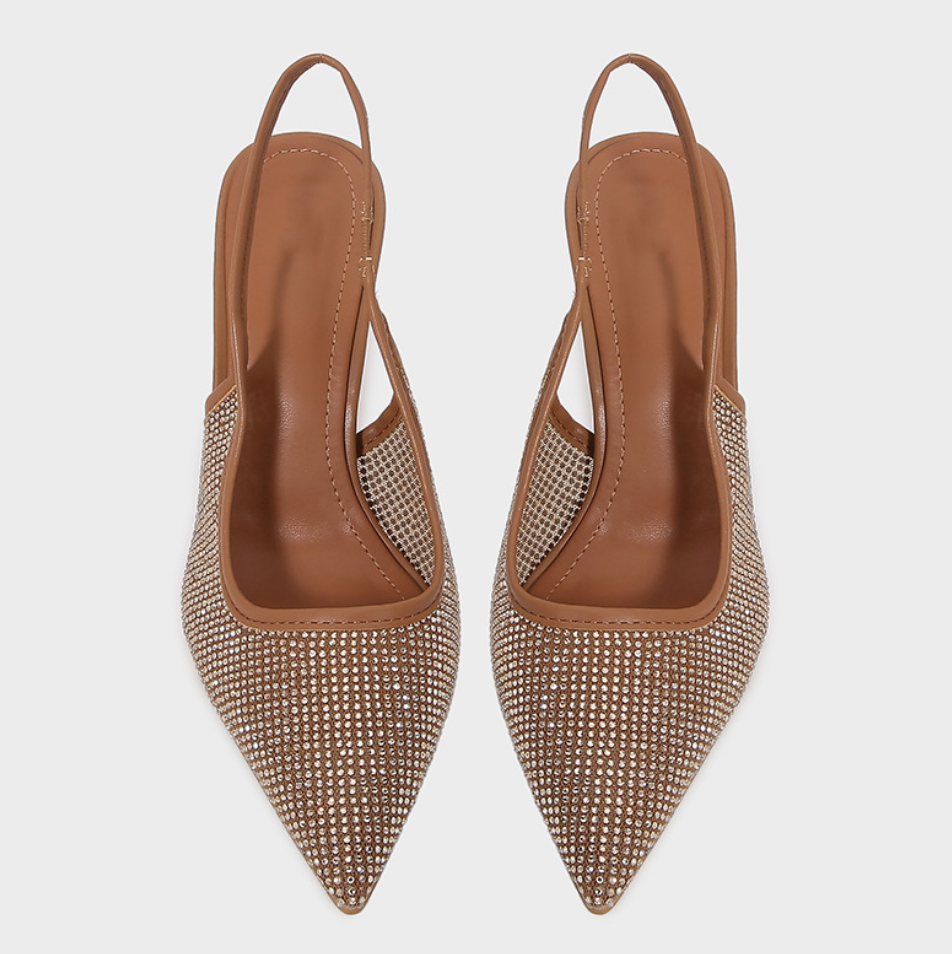 Brown Mesh Rhinestone Heeled Sandals