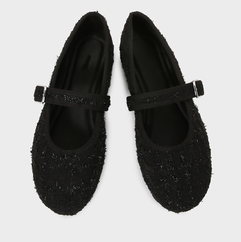Tweed Black Mary Jane Shallow Flats