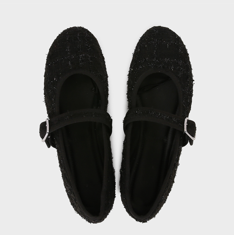 Tweed Black Mary Jane Shallow Flats