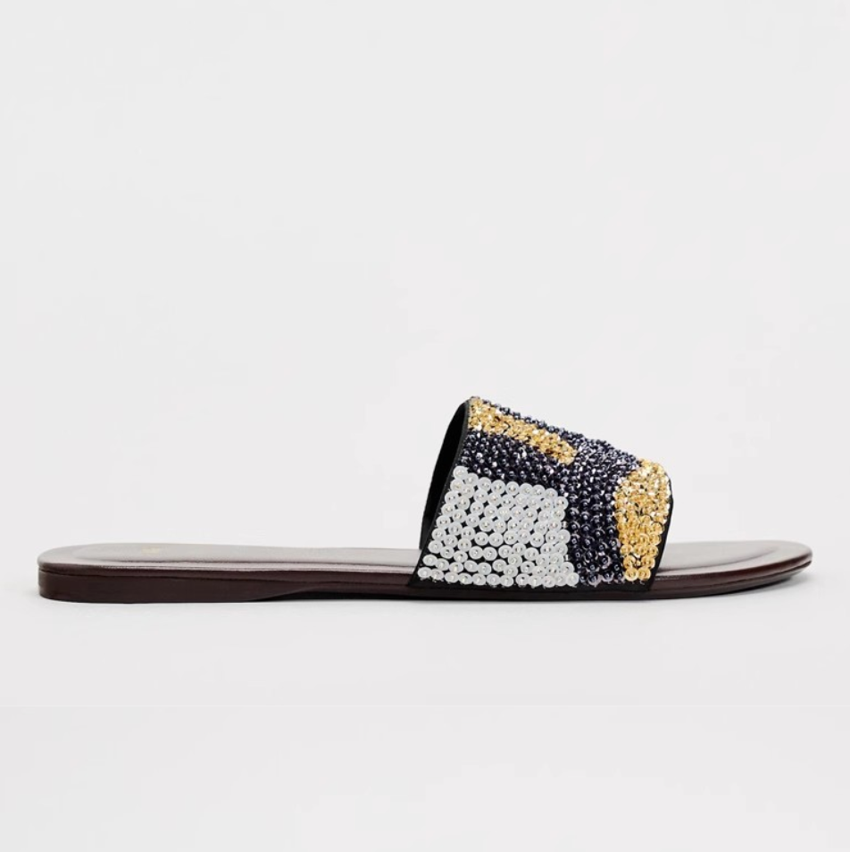 Beaded Color-blocking One-strap Slippers