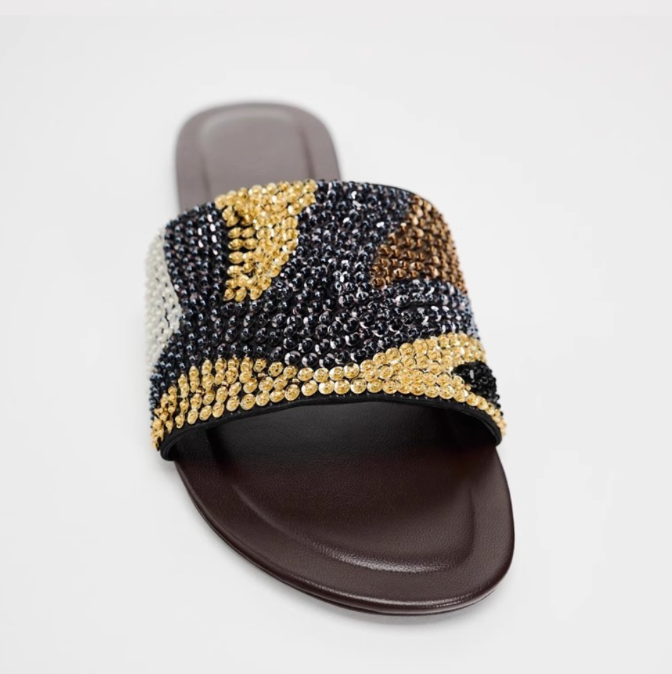 Beaded Color-blocking One-strap Slippers