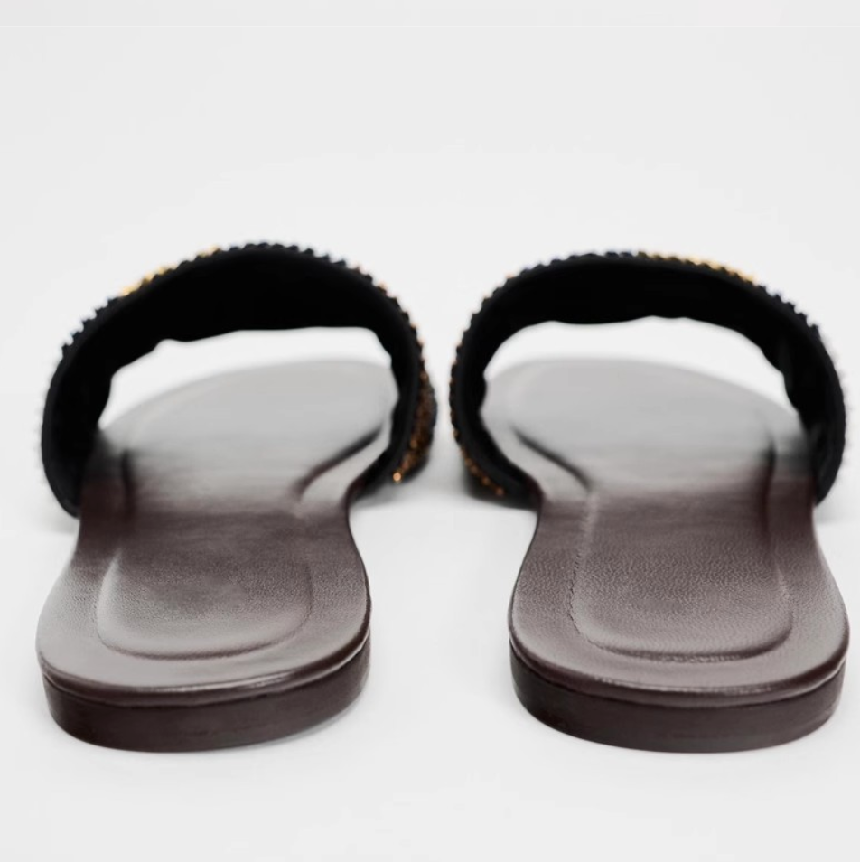 Beaded Color-blocking One-strap Slippers