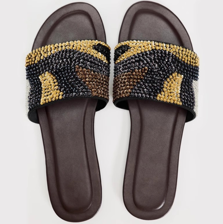 Beaded Color-blocking One-strap Slippers