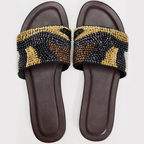 Beaded Color-blocking One-strap Slippers