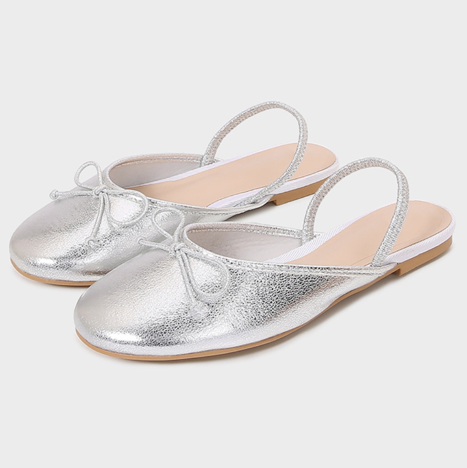 Bow-tie Silver Round-toe Half-slipper Sandals
