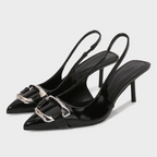 Pointed-toe Buckled Black Heeled Sandals