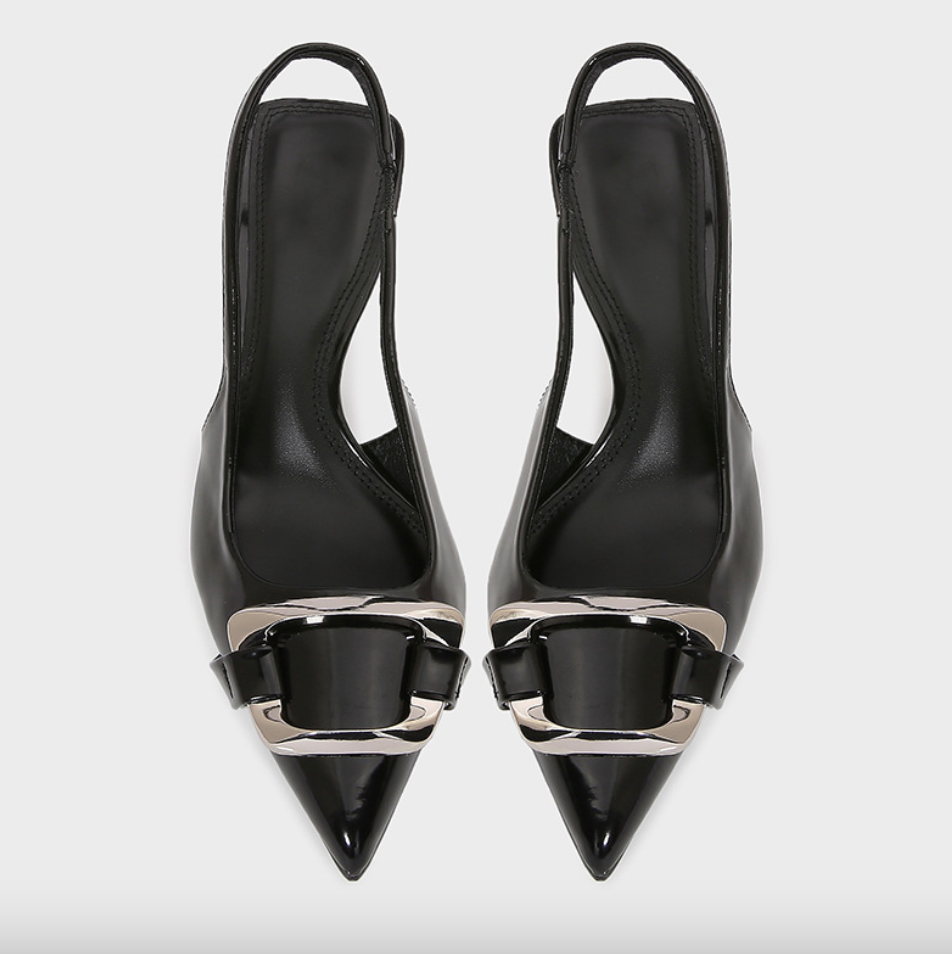 Pointed-toe Buckled Black Heeled Sandals