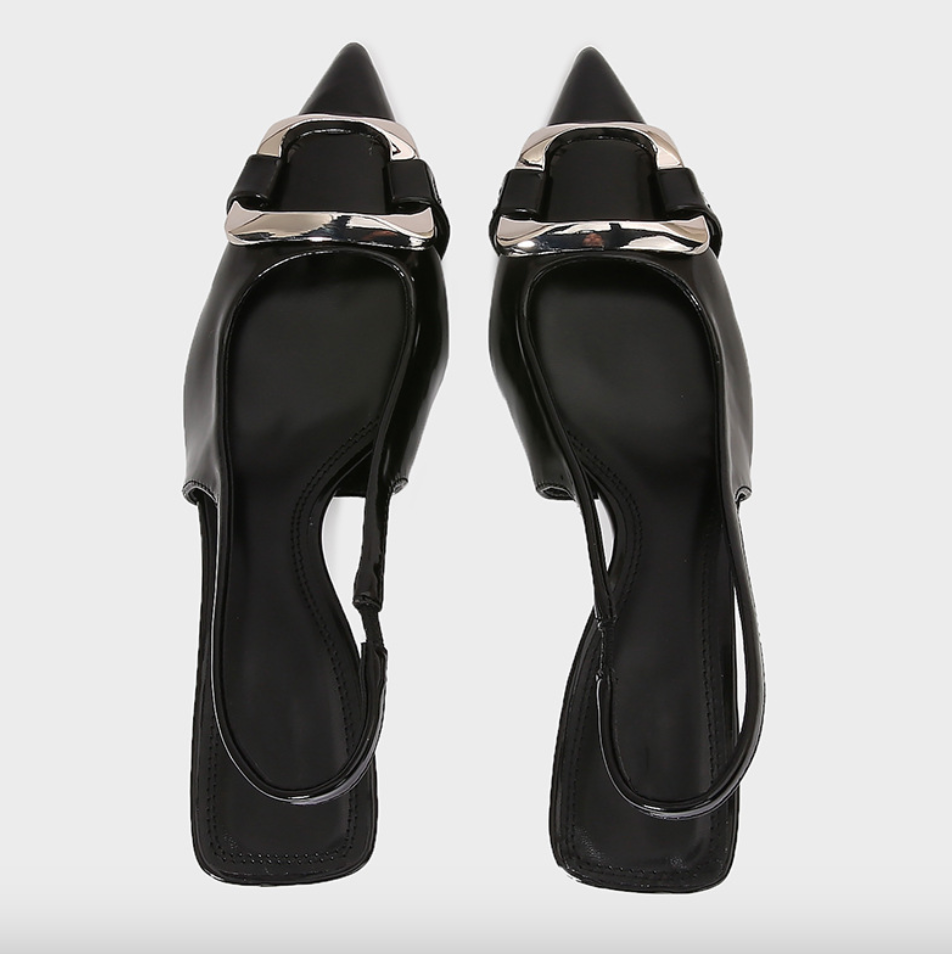 Pointed-toe Buckled Black Heeled Sandals