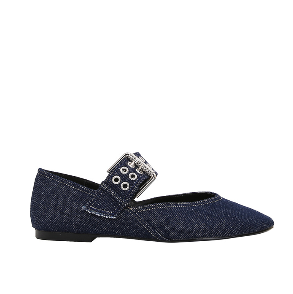 Buckled Blue Denim Ballet Flats