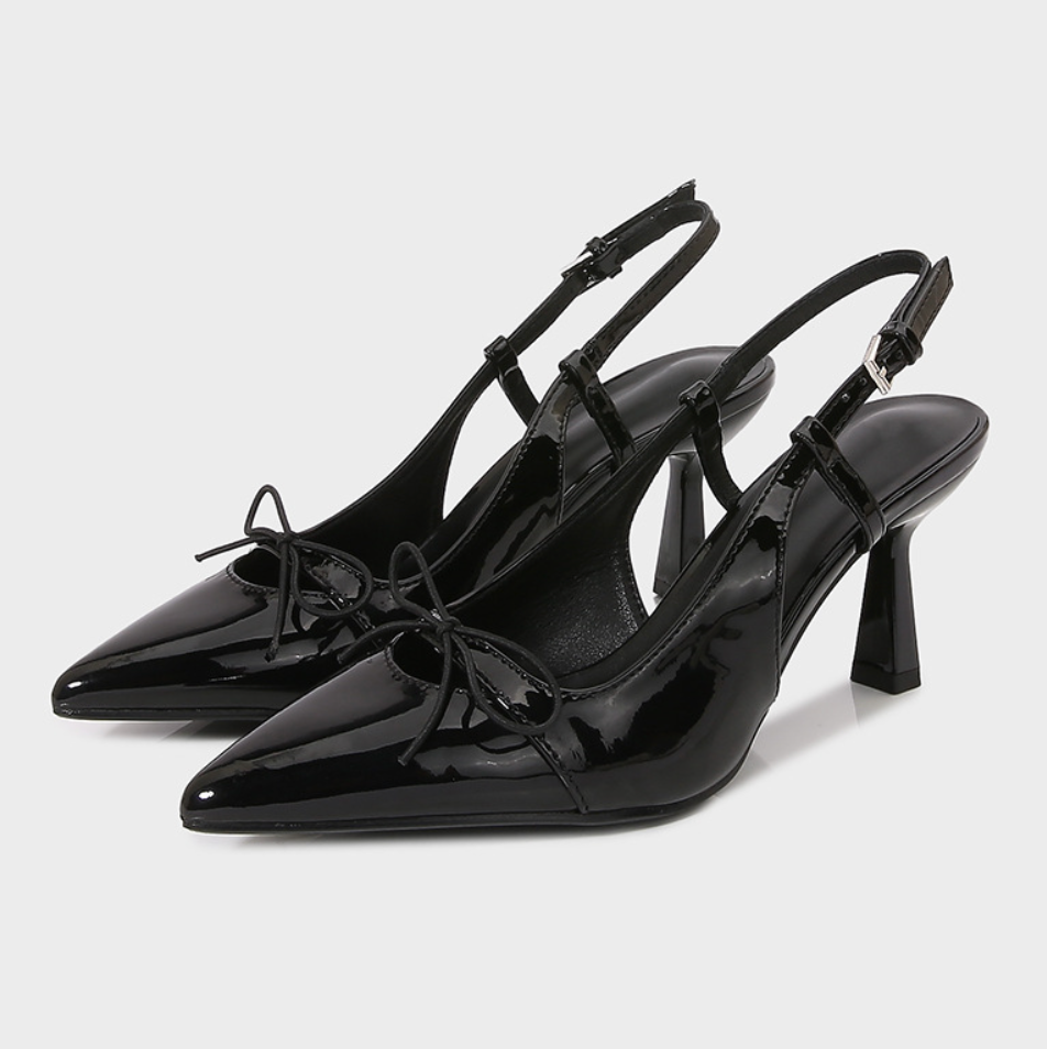 Black Bow Patent Lather Heeled Sandals