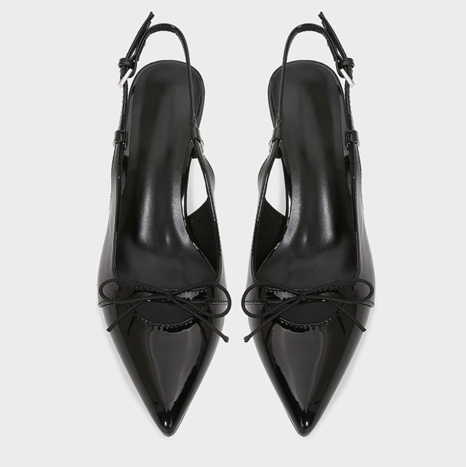 Black Bow Patent Lather Heeled Sandals