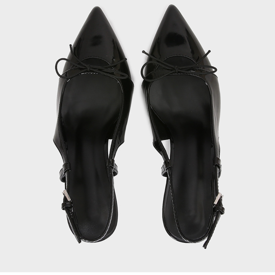 Black Bow Patent Lather Heeled Sandals