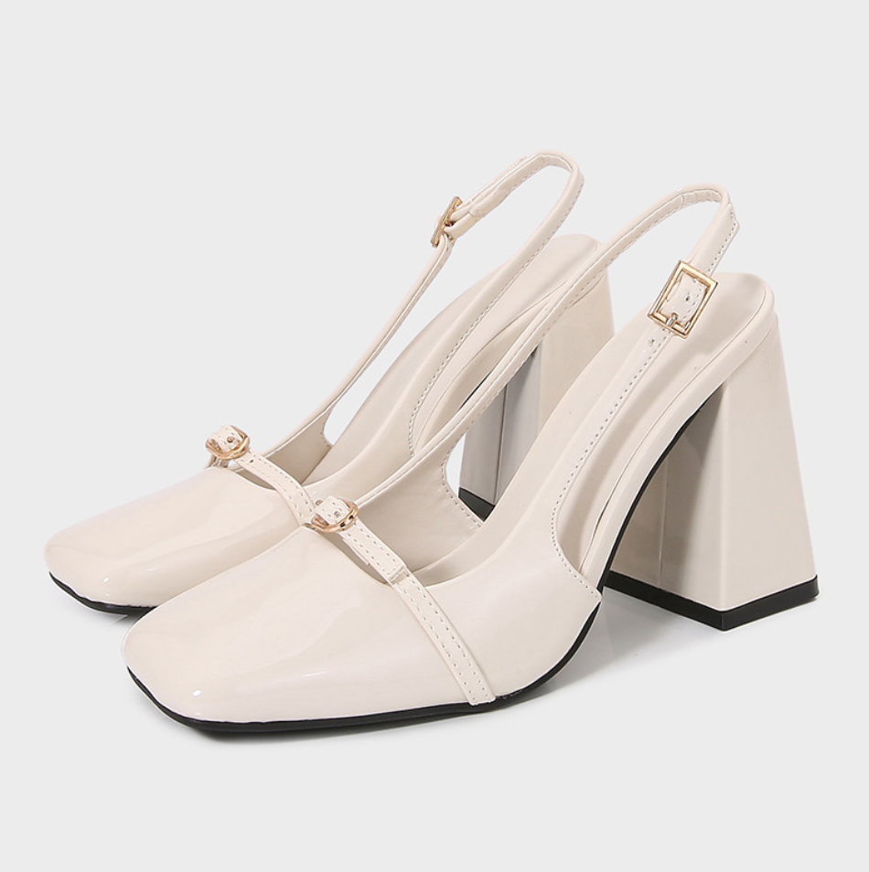 Creamy White Square-toe Chunky Sandals