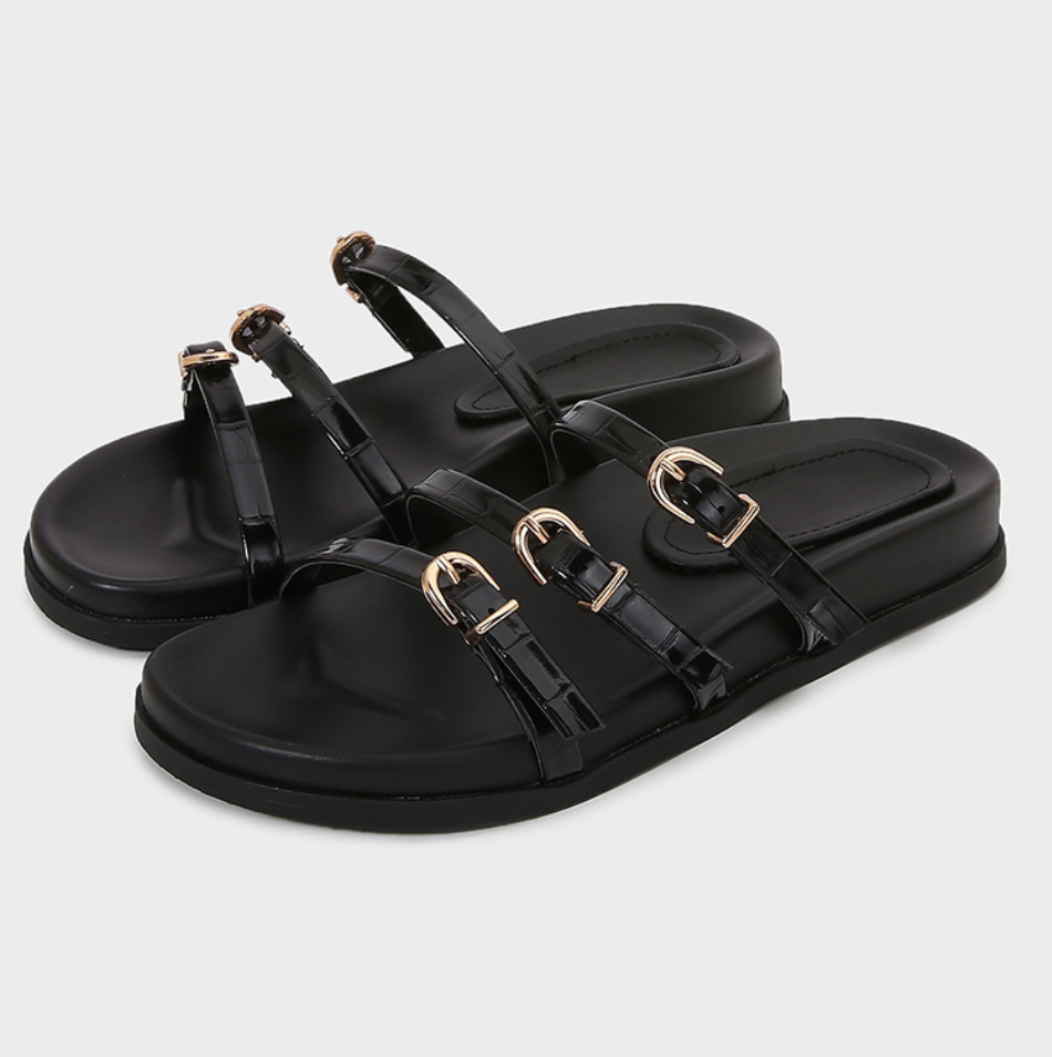 Triple Buckled Straps Black Slippers