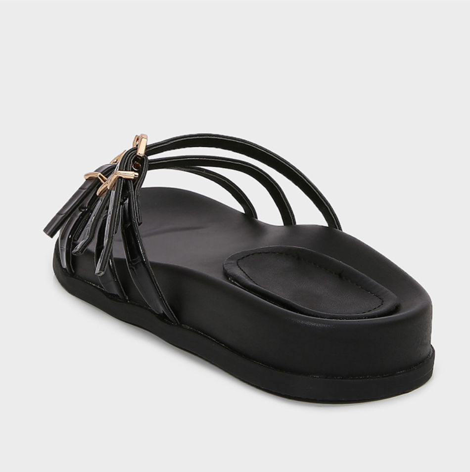 Triple Buckled Straps Black Slippers
