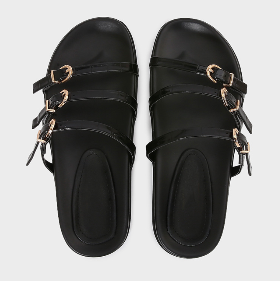 Triple Buckled Straps Black Slippers