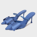 Blue Satin Textured Bow Shallow Sandals
