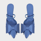 Blue Satin Textured Bow Shallow Sandals
