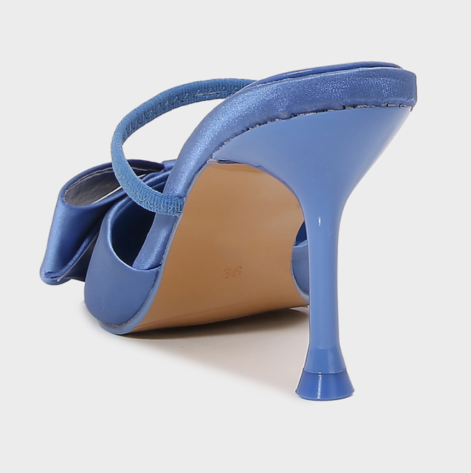Blue Satin Textured Bow Shallow Sandals