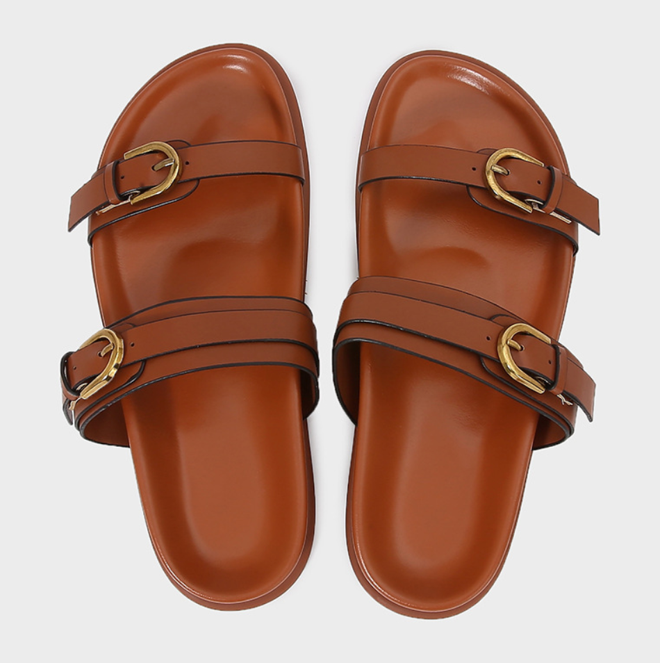 Brown Leather Belt Buckled Chunky Slippers