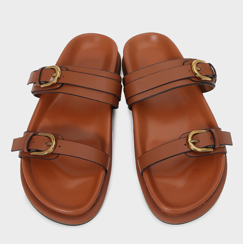 Brown Leather Belt Buckled Chunky Slippers