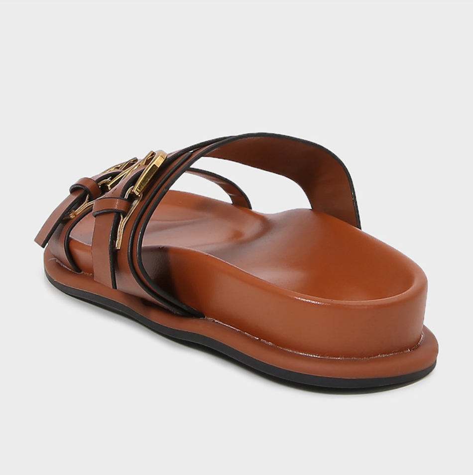 Brown Leather Belt Buckled Chunky Slippers