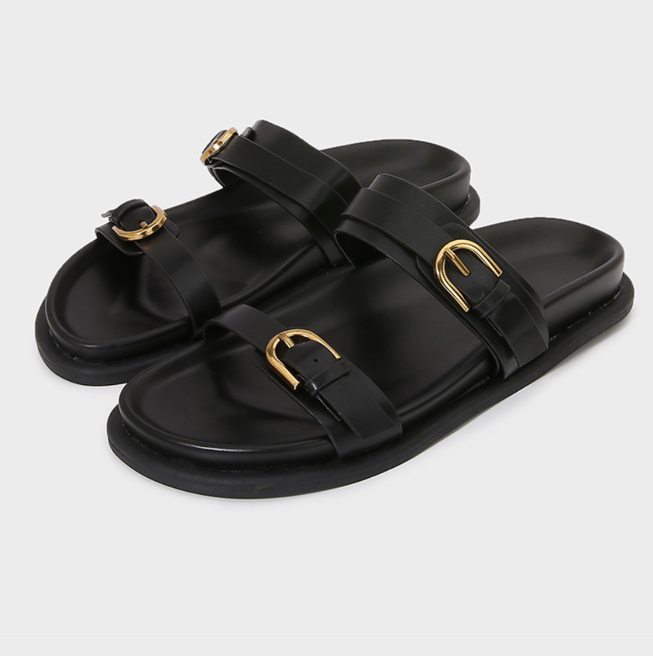 Brown Leather Belt Buckled Chunky Slippers