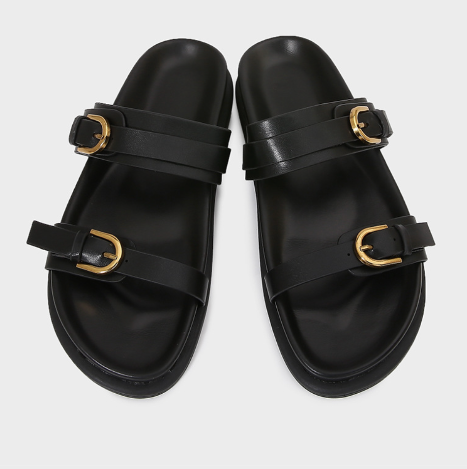 Brown Leather Belt Buckled Chunky Slippers
