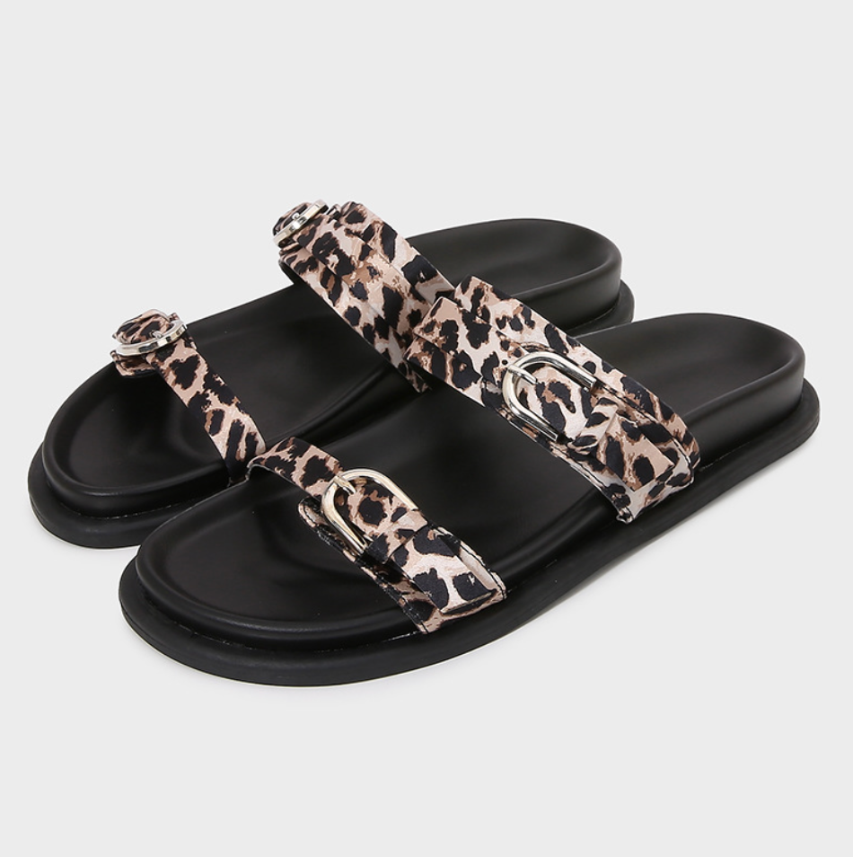 Leopard Printed Double Buckled Straps Slippers