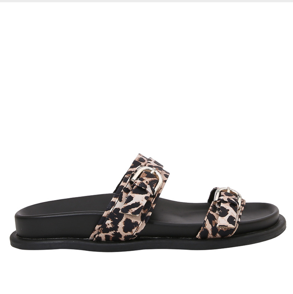 Leopard Printed Double Buckled Straps Slippers
