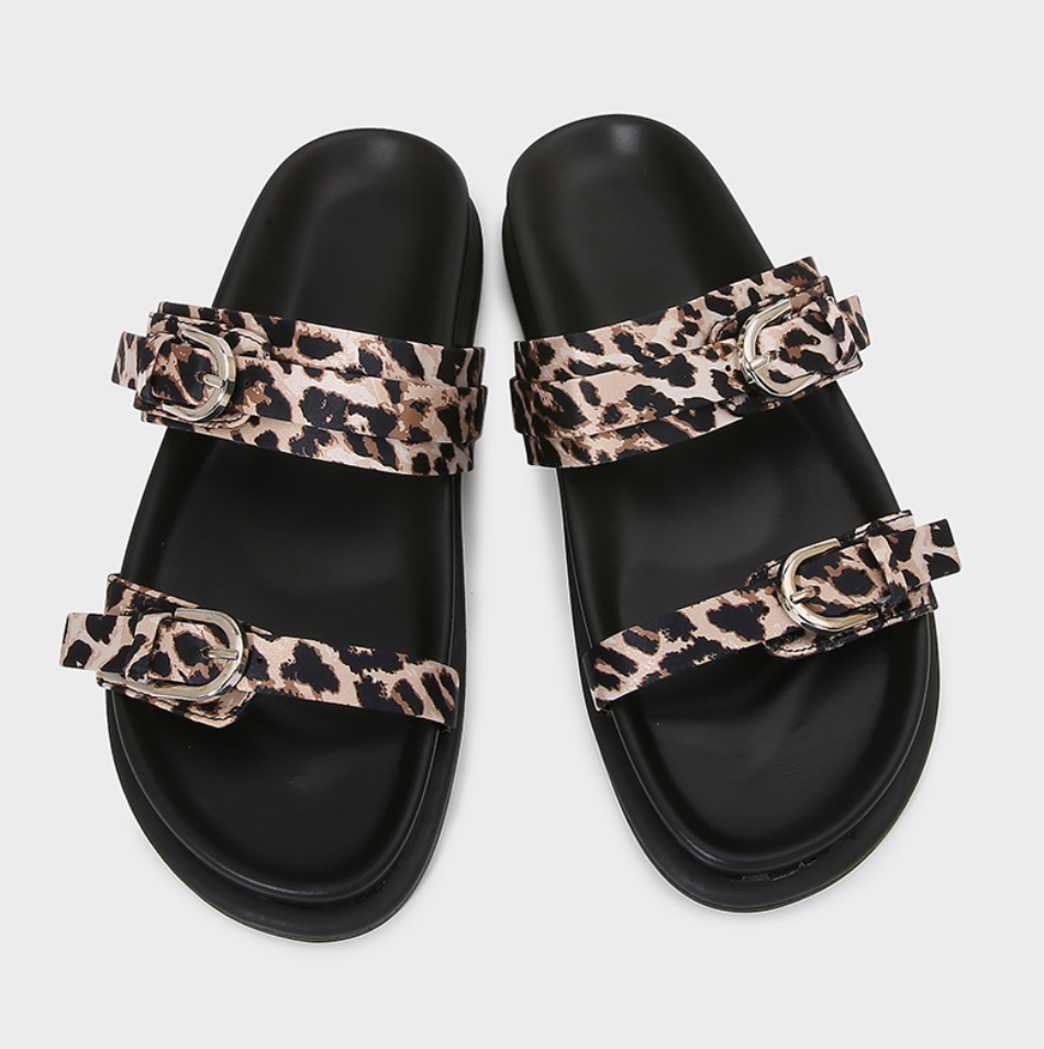 Leopard Printed Double Buckled Straps Slippers
