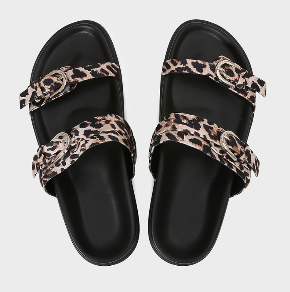 Leopard Printed Double Buckled Straps Slippers